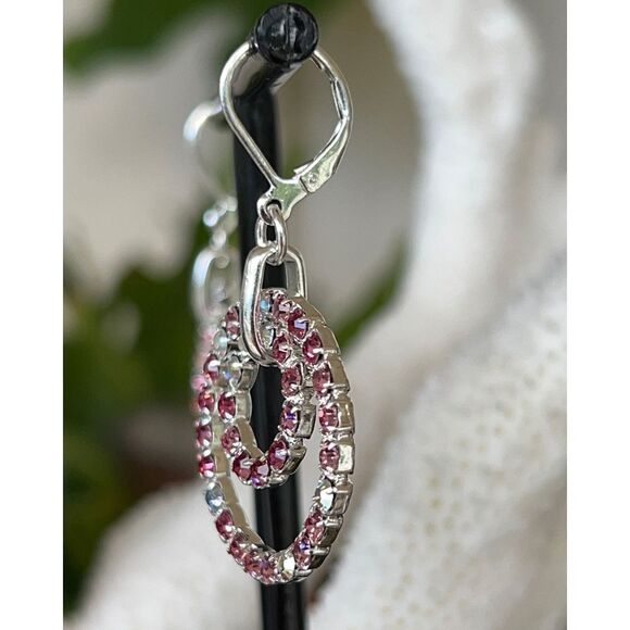 Silver Pink & Iridescent Swarovski Crystals Dangle Earrings - Picture 4 of 6